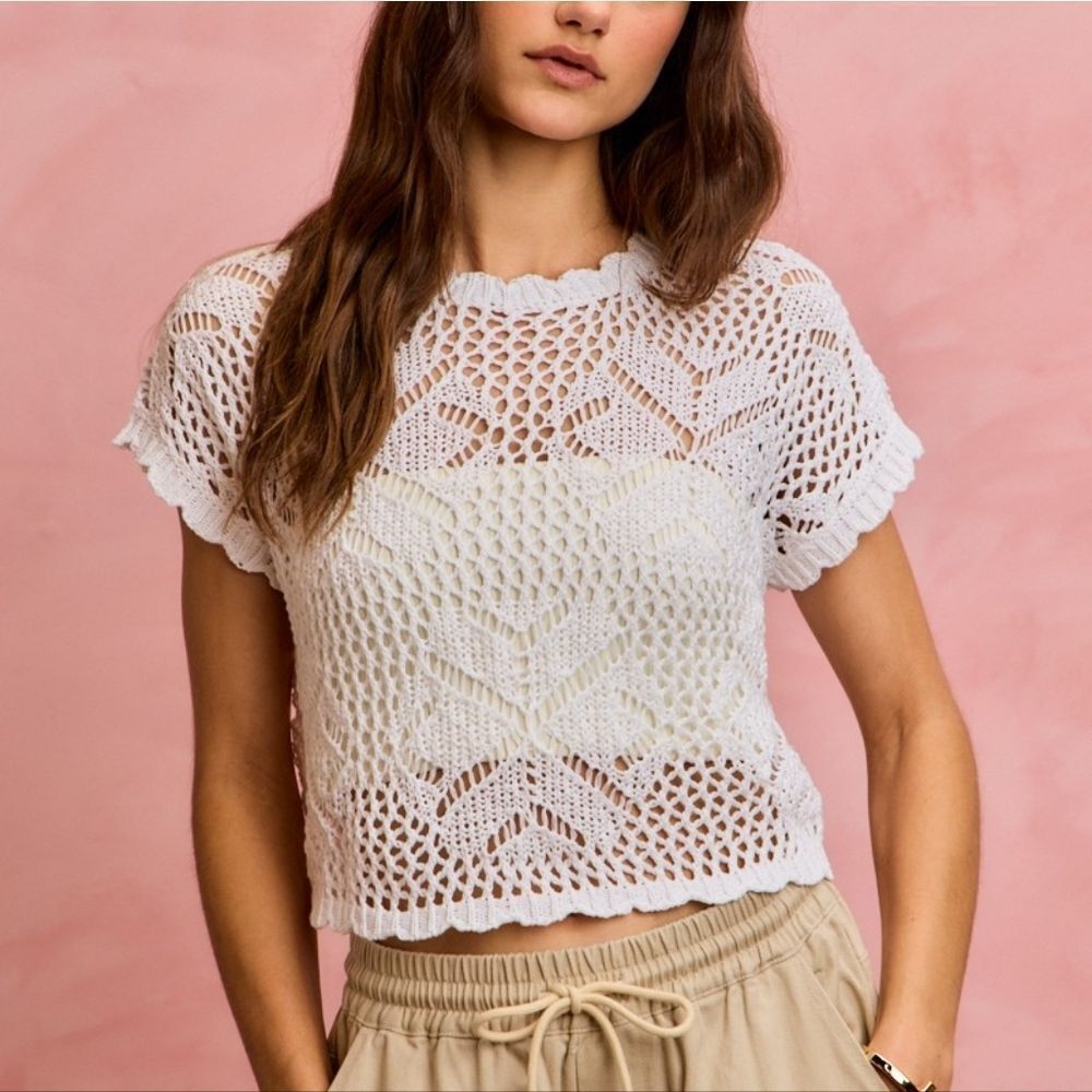 SO ME Crochet Scallop Edge Short Sleeves Open Knit White Top Sz M L XL - Picture 5 of 11